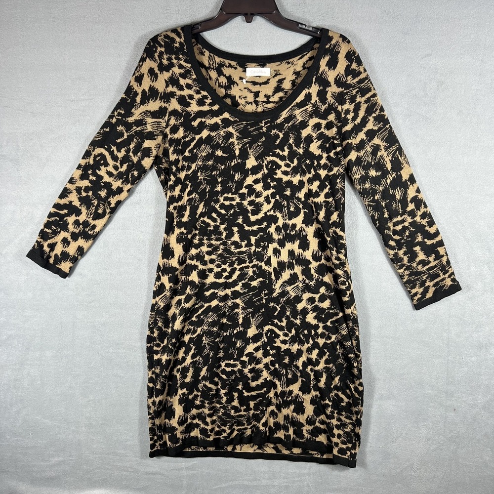 Calvin Klein Women's Size L Leopard Animal Print Knit Sweater Dress 3/4 Sleeve